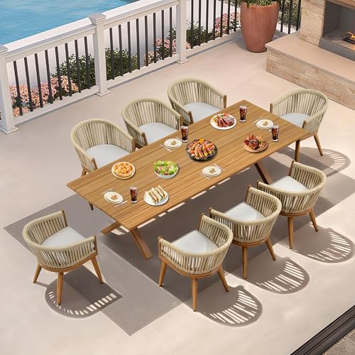 Image of PURPLE LEAF 9 Piece Longer Outdoor Dining Set with Patio Aluminium Dining Table and Wicker Chairs Modern Furniture Cushions Sets for Backyard Indoor Decor Kitchen Teak