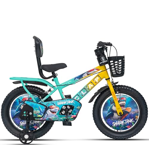 Image of Shark Tank 16T Kids Bicycle for Boys & Girls with Inbuilt Carrier, Front Basket, PU Soft Seat, Full Chain Cover & Stylish Wheelcards (Yellow /Sea Blue)