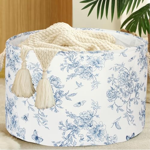 Blue Floral Nursery Bins Boxes for Toys Clothes Laundry Hamper Chinoiserie Basket with Handles Nursery Hamper Toy Box Clothe Organizer Large Capacity...