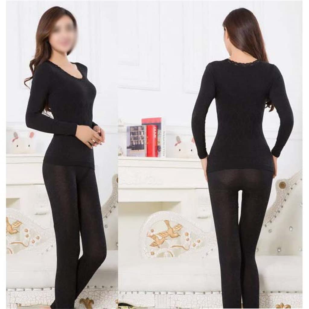 Ropa Interior Térmica Invierno Sin Costuras Ropa De Mujer Cálida Ropa Íntima Estampado Largo (Color : Black, Size (Black As The Picture Shows)