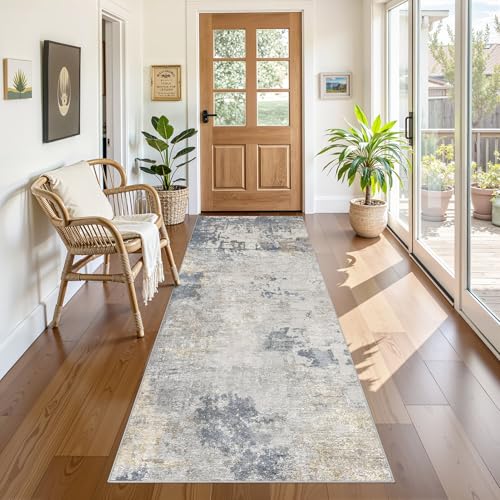 3X8 Washable Runner Rug for Hallway: Soft Neutral Modern Abstract Area Rug - Non-Slip Low Pile Long Throw Indoor Carpet for Kitchen Entryway Kitchen Bedroom Laundry Bathroom- Blue Grey