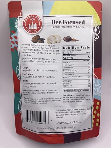 Miniatura 2 de Café de hongos de Herbal Hive Bee Focused incluye adaptógenos Reishi, melena de león y superalimento Chaga de bajo ácido instantáneo 30 porciones