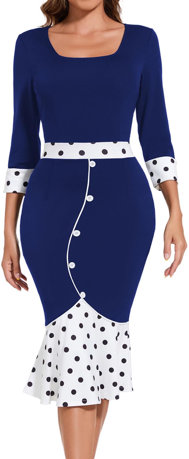HugeNice Womens Business Work Midi Dress Elegant Bodycon Fishtail Dress Formal Church Wedding Guest Dresses