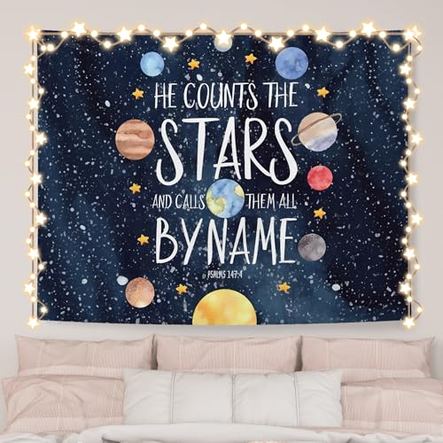 Image of AQYIP Space Christian Tapestry Wall Hanging, Solar System Space Tapestry Decorative, Bible Verse Wall Blanket Decor for Toddler Nursery Kids Boys Room Bedroom Playroom Classroom, 50x60 Inch