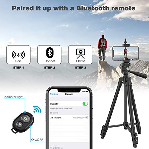 Phone Tripod, 51\" Extendable Travel Lightweight Tripod Stand with Carrying Bag, Universal Tripod with Bluetooth Remote, Cell Phone Mount for iPhone Xs/Xs Max/Xr/X/8/8 Plus/Samsung/Android Phone,Camera - Thumbnail 5