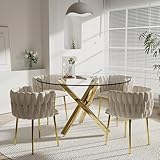 HAIZAO 5 Pieces Round Glass Dining Table Set, 47'' Modern Luxury Circle Kitchen Table Set for 4, Minimalist Clear Circular Top Dinner Set with Ivory Woven Chairs Set, for Large Place Home (Golden)