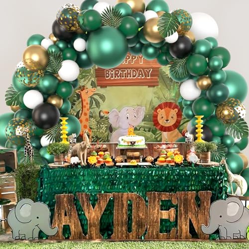 150Pcs Jungle Safari Green Balloons Garland Arch Kit, Emerald Dark Green Gold Animal Foil Balloon Tropical Palm Leaves for Safari Baby Shower Birthday Decorations for Boys Wild One Party Supplies - Thumbnail 6