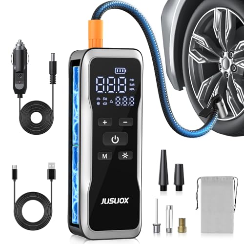 JUSUOX Tire Inflator Portable Air Compressor, Cordless Air Pump for Car Tires 150PSI with Battery and 12V DC, Electric Bike Pump with Pressure Gauge, Auto Shutoff, for Ball, Motorcycle Accessories