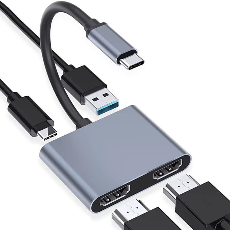 USB C to Dual HDMI Adapter 4K 60hz, Type C to HDMI Splitter for 2 Monitors, 4 in 1 USB C Hub 2HDMI, USB 3.0, 100W PD, Extended Display for MacBook Air/Pro Thunderbolt 4, Multiport Two Screen Dongle