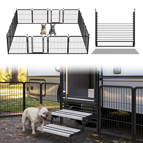 Image of FXW Rollick Unleashed Dog Playpen for Indoor, Yard, RV Camping, 24 inch 16 Panels Dog Pen with RV Step Grid for Small and Puppy Dogs, Black│Patented