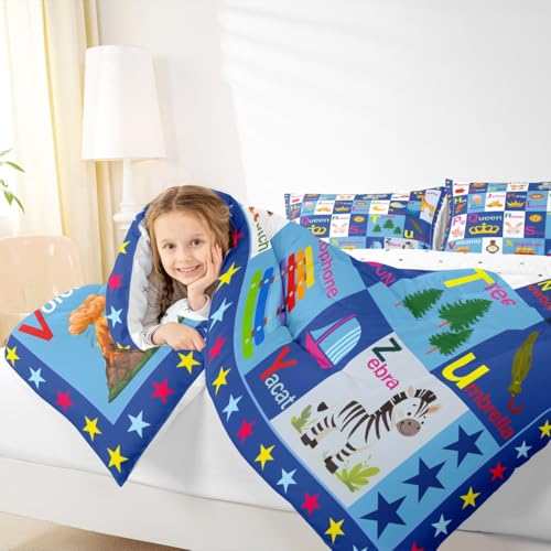 Image of Feelyou Kids ABC Alphabet Comforter Set Toddler Size, Educational Bedding Set Boys Girls Learning Duvet Insert Teens Bedroom Decor Microfiber Bed Set