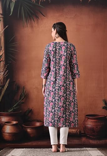 Image of Ichaa Women's Pure Cotton A-Line Katha-Work Ethnic Round-Neck Kurta with 3 /4th Sleeve for Daily and Office Wear, in Plus Sizes