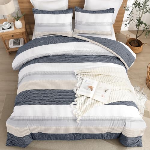 Litanika Comforter Set California King Size Blue Yellow - 3 Pieces Lightweight Blue Yellow White Colorblock Stripe Fluffy Bedding Comforter Sets, All Season Bed Set