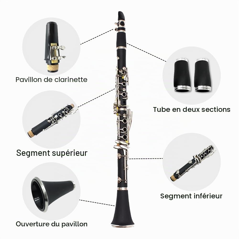 Yinfente Clarinette en Si Bémol pour Débutants et Étudiants, Noir, Ébonite, avec Étui de Clarinette, Kit de Nettoyage, Pie-Bouche, Graisse de Liège, 17 Touches, Standard