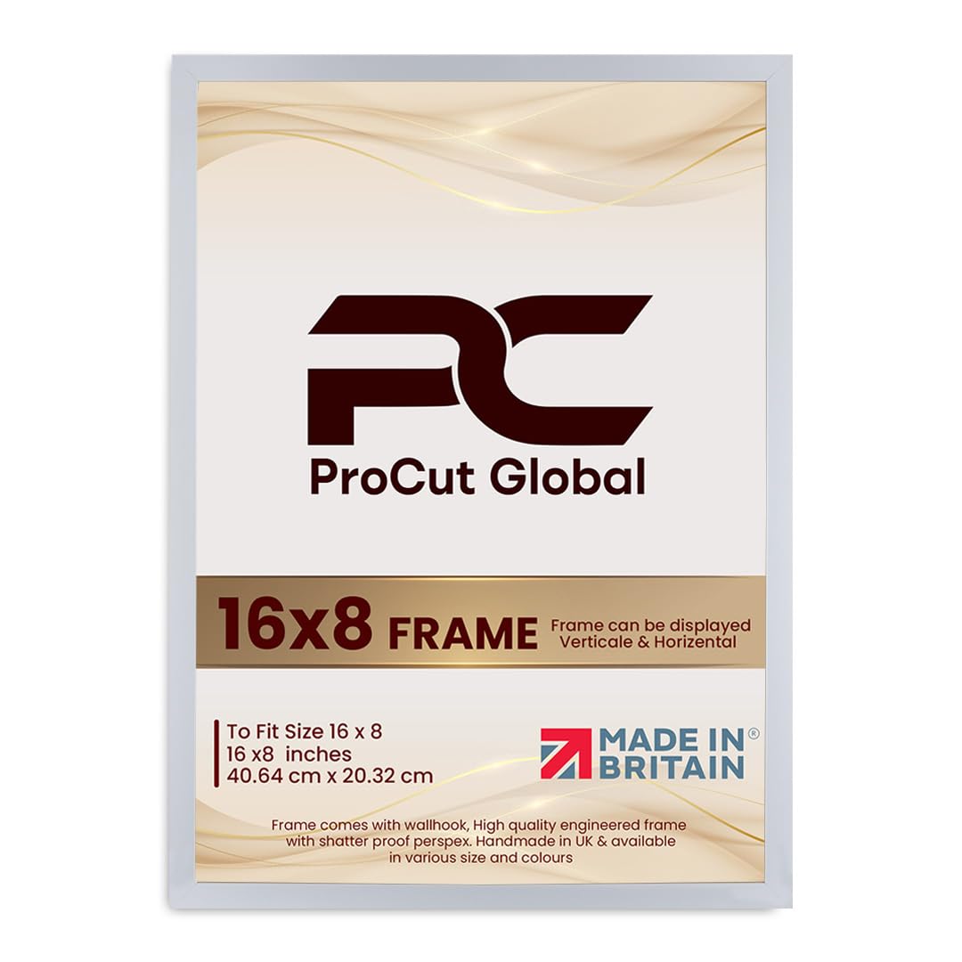Procut Global 16X8 White Picture Frames - Modern Wooden Photo Frame with Shatterproof Perspex for Wall or Tabletop - Perfect for Posters, Certificates, Prints - Sizes & Colors Available