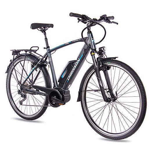 CHRISSON Bicicleta de Trekking y Ciudad para Hombre, 28 Pulgadas, Color Antracita Mate, 9 Marchas, Cambio de piñón Shimano Deore, pedelec con Motor Central Active Line 250 W, 40 NM