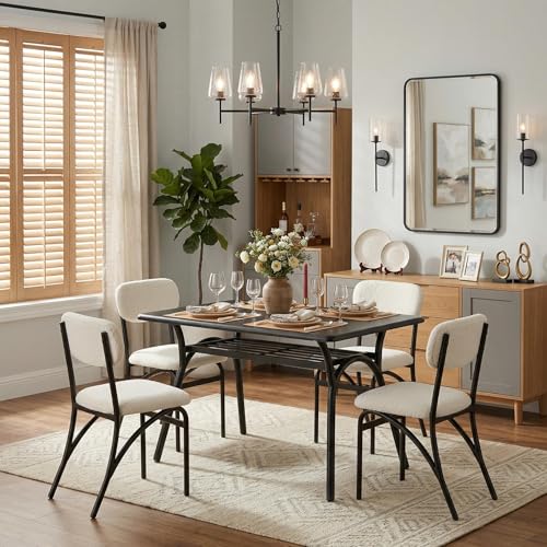 GarveeHome 5-Piece Dining Table Set for 4, Modern Kitchen Table with 4 Boucle Chairs, Rectangular Dining Table with Storage Shelf & Marble Tabletop, B