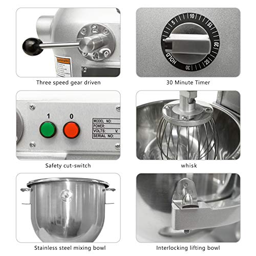 KITMA Commercial Food Mixer - 10 Quart 750W 3 Speed Heavy Duty Dough Mixer with Stainless Steel Bowl, Dough Hooks, Whisk, Beater, Safety Guard
