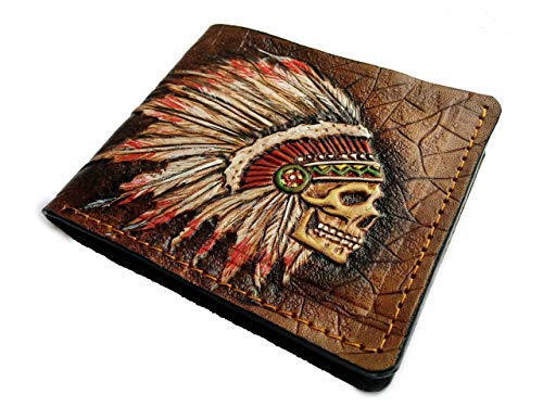 Indian Chief Skull, Patriotic Native American, Tribal Skull, Apache, Feather Headdress, Red Man, RFID Men's Bifold Wallet, Genuine leather wallet, Biker Wallet, Embossed wallet, Leather Purse, Handmade wallet, Airbrush Art, Custom wallet, Personalized wallet 6