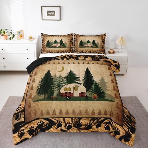 Erosebridal Happy Camping Camper Comforter Queen Rustic Farmhouse Bedding for Kids Teen, RV Accessories Down Comforter Moon Print Bed Set, Brown Tie Dye Quilted Duvet Woodland Adventure Theme Decor