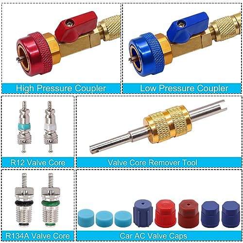 Image of TWTADE R134A Valve Core Quick Remover Installer Tool Kit - High Low Pressure Car A /C Valve Core Removal Tool, Schrader Valve Stem Cores & Seal Caps for R12 R134a Refrigeration Air Conditioner System