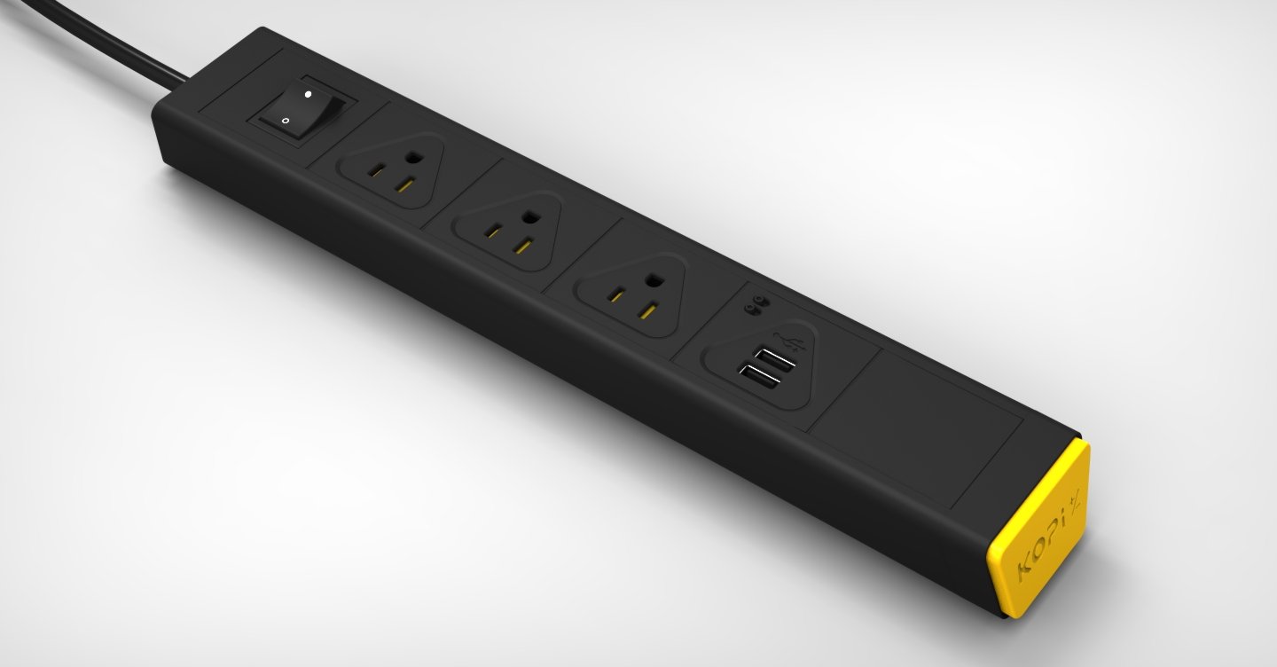 KBAR 3 AC Outlet with Dual 2.1A USB Charger (Black + Yellow)