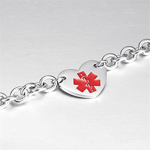 LF 316L Stainless Steel DNR Engraved Medical Alert Heart Charm Link Bracelet Rolo Chain Medic ID Bracelets Monitoring Awareness for Womens for Outdoor Emergency,Do Not Resuscitate3