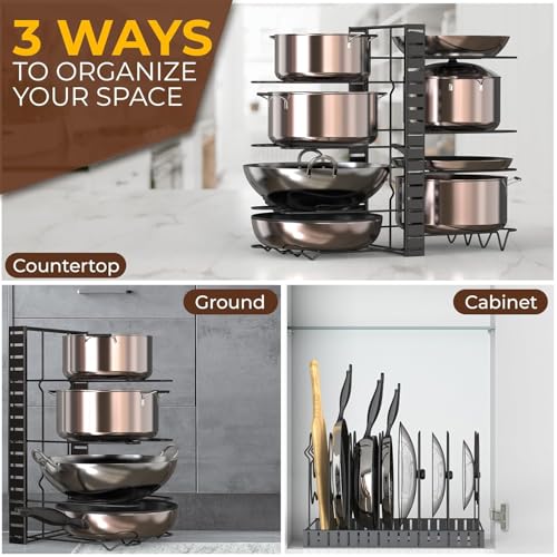 Image of ProGrade Pan Stand, Black Metal Multi-Tier Pot and Pan Organiser Rack, Freestanding, Powder Coated, for Kitchen Storage