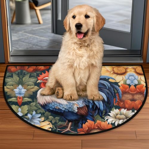 Image of cfpolar Animals Rooster Sunflowers Half Round Door Mat Outdoor Entrance Large 24 inchx36 inch Half Circle Welcome Entrance Way Mat Semi Circular Front Door Mat Area Rug for Garage, Patio, High Traffic Areas