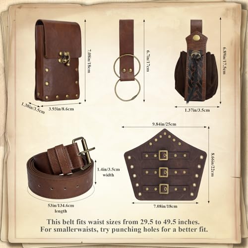 Image of Renaissance Belt Pouch Medieval Viking Leather Bracers Set for LARP