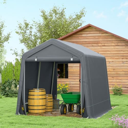 Miniatura 9 de Outsunny Carpa De Jardín Exterior Para Herramientas, Bicicletas, 2,4x2x2 M, Cobertizo Exterior Con Marco De Metal, 2 Puertas Enrollables Con Cremallera, Impermeable, Anti-Uv, Garaje Portátil, Gris