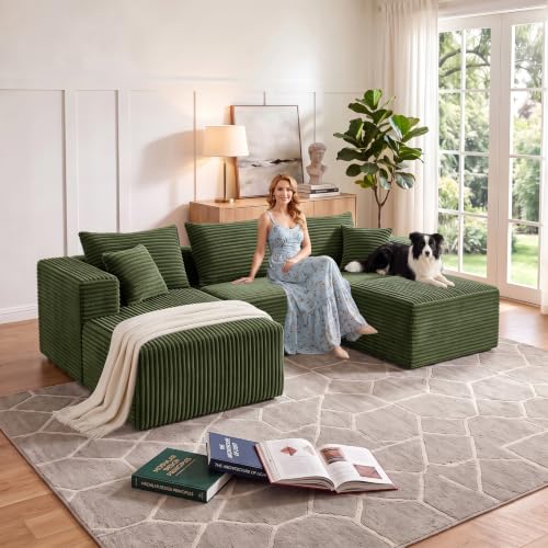 Image of 93 inch U-Shaped Boneless Couch, Corduroy Cloud Couch Sectional with Chaise and Ottoman, Deep Seat Modular Sectional Sofas for Living Room, No Assembly - Olive Green (Left Facing Chaise)