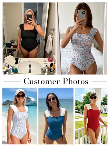 Image of B2prity Womens One Piece Swimsuit Retro Square Neck Tummy Control Bathing Suits Ruched Modest Full Coverage Swimwear
