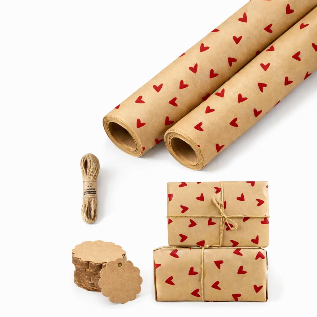 TOWNBUS Kraft Paper Gift Wrapping Pack of 10 (45cm x 60cm, 100 GSM) with Red Heart Print | Includes 10 Tags & Jute Ropes | Ideal for Gift Packing, Bouquet Wrapping & DIY Crafts-image-40