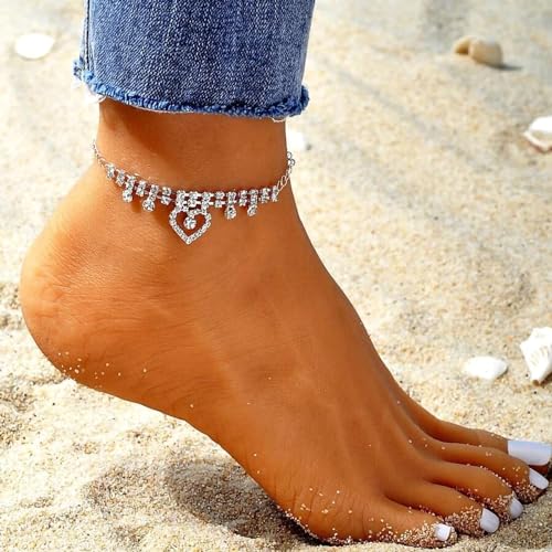 Image of Fesciory Silver Ankle Bracelets for Women, Adjustable Rhinestone Pendant Tennis Anklet, Butterfly Heart Infinite Diamond Summer Beach Foot Chain Jewelry Gifts