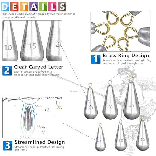 Foto von XSHAO 50 Stück Birnenblei Angeln, Tropfenform Angelblei Grundblei 5g/10g/15g/20g/30g/40g mit Aufbewahrungsbox für Das Angeln im Freien und Das Angeln am Meer