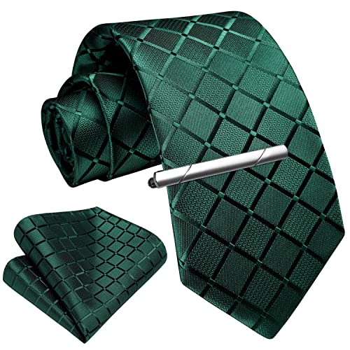 Image of Enlision Ties for Men Plaid Stripe Tie Handkerchief Woven Classic Formal Necktie Pocket Square Clip Set