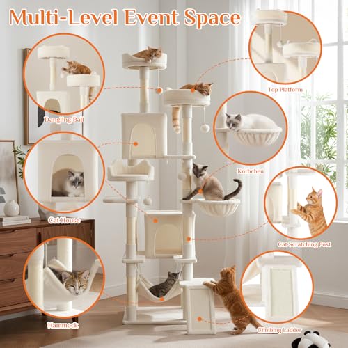 Image of Sweetcrispy Cat Tree 75 Inch, Large Multi-Level Tall Cat Tree Tower with Condo, Perches, Sisal Scratching Posts Board and Hammock, Pet Play House with Dangling Balls for Indoor Cats, Beige