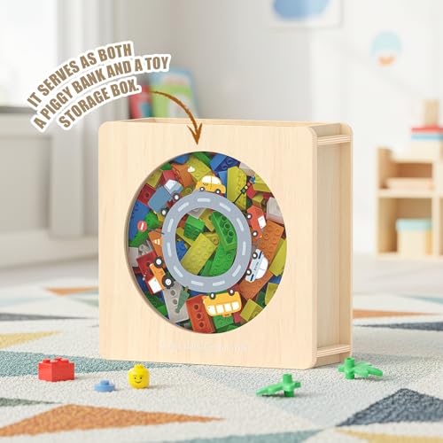 Image of Summidate Wooden Money Saving Box, Clear Window Cash Vault Savings Box with DIY Stickers, Personalized Car Piggy Bank for Kids & Adults, Birthday /Baby Shower /Wedding Gift