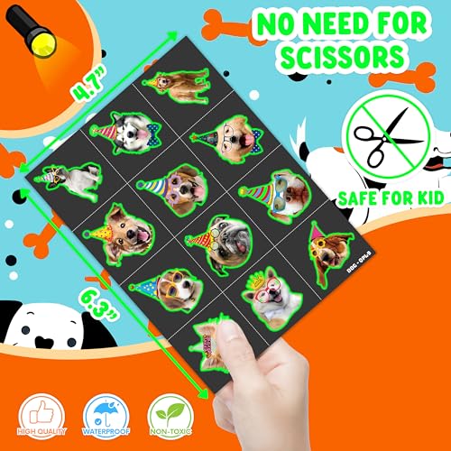 Image of 96 PCS Dog Pet Temporary Tattoos for Kids - Luminous Glow in The Dark | Pre-Cut Animal Fake Tattoo Stickers for Boys Girls | Super Cute First Themed Birthday Party Favors & Supplies