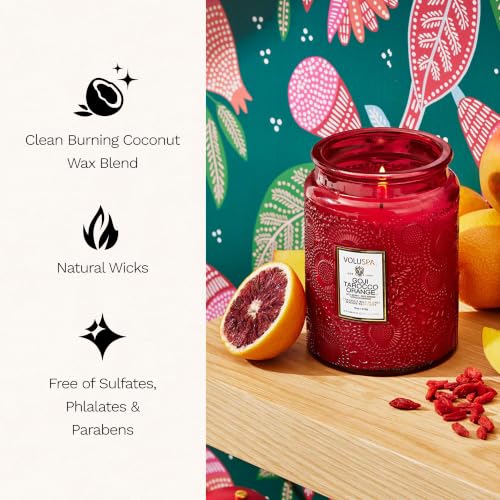 Image of Voluspa Goji Tarocco Orange Large Scented Candle Jar 18 Oz, 100 Hr Burn | Coconut Wax Blend in Decorative Glass, Clean Even Burn, USA Handcrafted Gift for Hosts, Fragrance Lovers & Relaxed Rooms