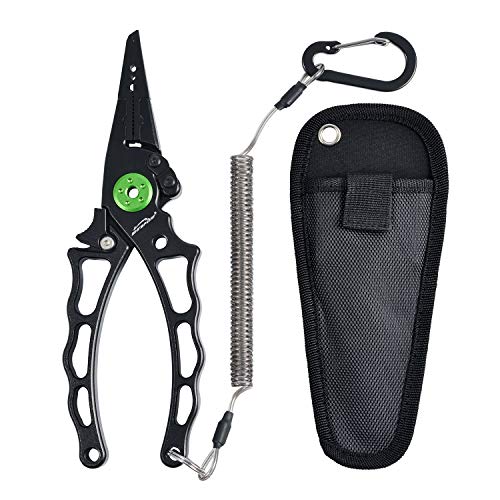 Entsport Saltwater Fishing Pliers with Aluminum Handles and Stainless Steel Jaws Multi Function Fishing Pliers with Sheath Lanyard Braided Fishing Line Cutters Fish Hook Removal Tool Black