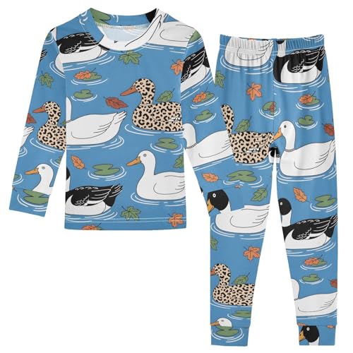 Pajama Sets Long Sleeve Ducks Swimming with Leaves Pattern Soft Comfy Sleepwear 2 Piece PJS 3-8T