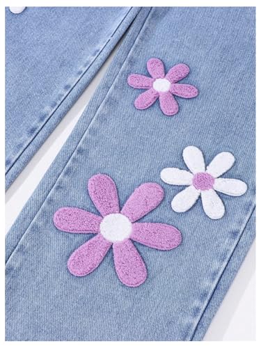Verdusa Girl's Floral Jeans Boho Wide Straight Leg Denim Pants with Pockets4