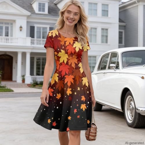 Image of HUGS IDEA Womens Puffy Swing Midi Dress Round Neck Short Sleeve Party A-Line Dresses