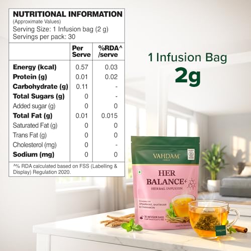 Image of VAHDAM Her Balance+ Herbal Infusion | Supports Menstrual & Hormonal Health | Powered by Spearmint, Shatavari & Cinnamon | Caffeine Free | Plant-Based | 30 Tea Bags