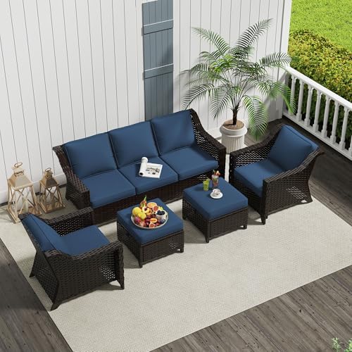 Image of 5 Piece Patio Furniture Set, Wicker Outdoor Conversation Set | Patio Chair Set with Olefin Removable Cushion, All-Weather Outdoor Couch with Deep Seat for Porch, Deck and Backyard, Blue