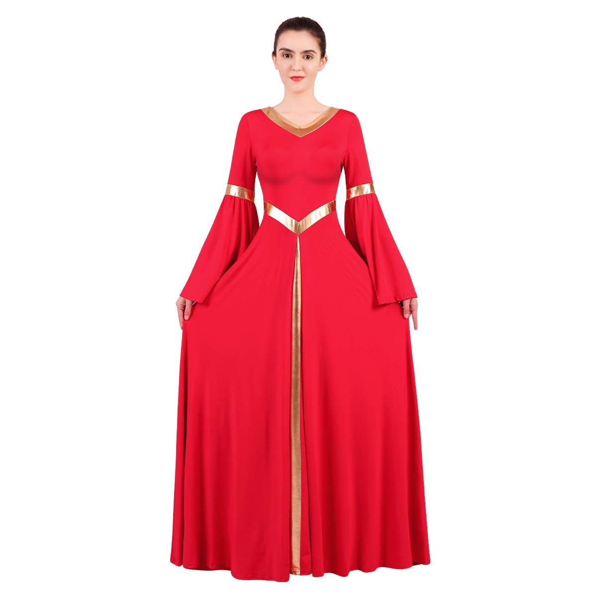 FYMNSI Liturgiques Robe de Danse Femme Cloche à Manches Longues Robe de Soirée Chambre Cocktail Pull Taille Haute Plissé Robe de Ballet Classique Robe de Latine Valse Spectacle XS-3XL