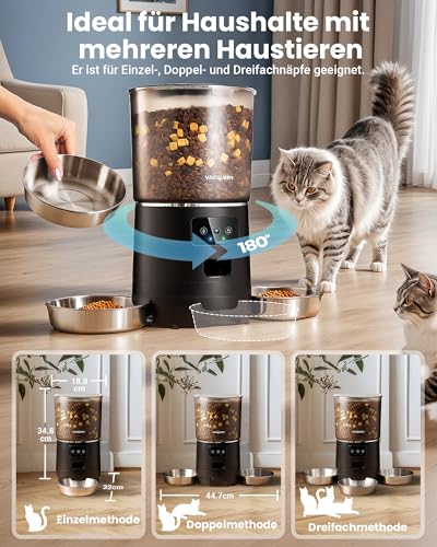 Futterautomat Katze mit APP und Timer, 6 L / 25 Tassen Katzenfutter Automat 3 Näpfe, 3 Trockenmittel Packungen, Anti-Verstopfungssystem, 2.4G WiFi, 10-S Stimmaufnahme Futterspender Katze Hund, Schwarz