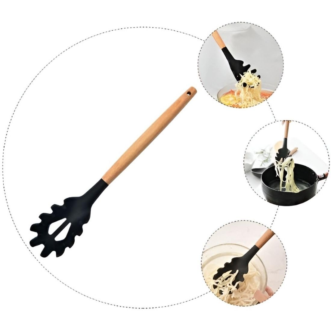 Besillia Silicone Spaghetti Pasta Fork, 31.5cm Noodle Spoon, Pasta Spoon with Wooden Handle, Spaghetti Server for Cooking, BPA-Free (Pack of 2, Black) 4